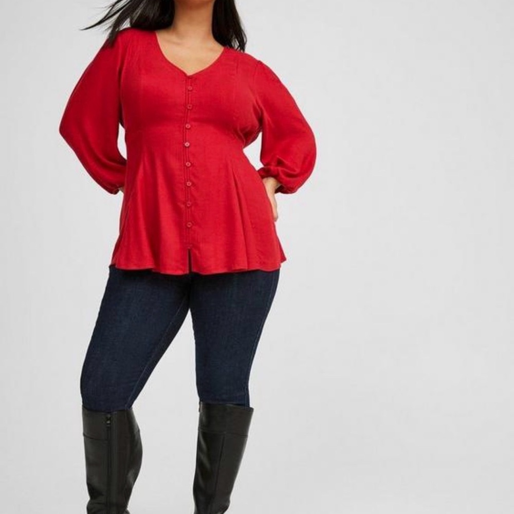 Torrid Red Button-Front Blouse - Picture 2 of 6